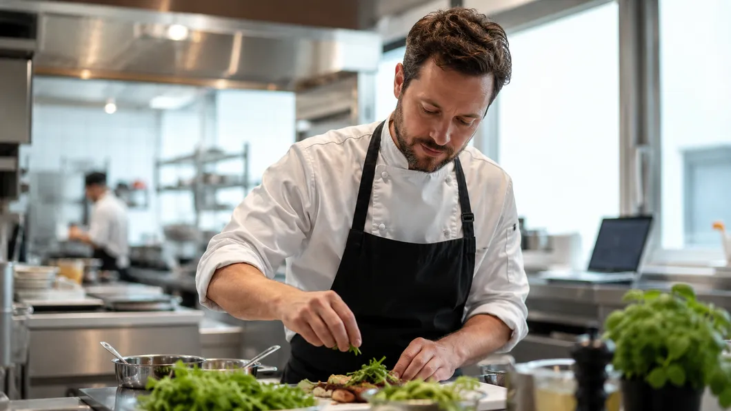 Koch in der Gastronomie-Küche mit digitalem Gesundheitszeugnis auf dem Smartphone