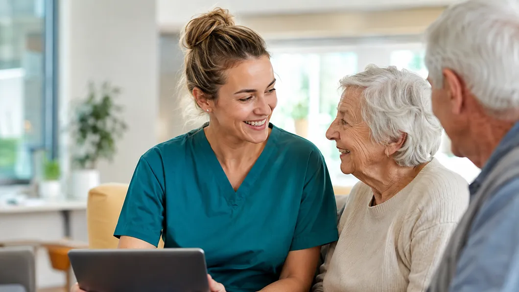 Pflegekraft mit digitalem Gesundheitszeugnis auf dem Smartphone